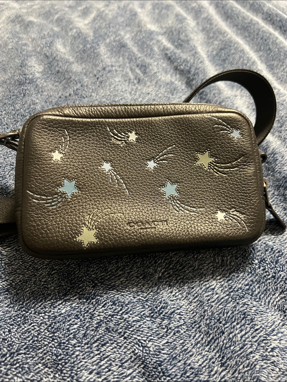 Coach Black Pebbled Leather Crossbody with Blue and Cream Star Motif